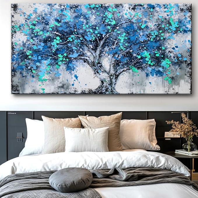 Tree Wall Art Teal Blue Nature Tree of Life Abstract Canvas Painting Textured Picture, Modern Landscape Artwork Framed for Living Room Bedroom Bathroom Office Home Decor 58x28in