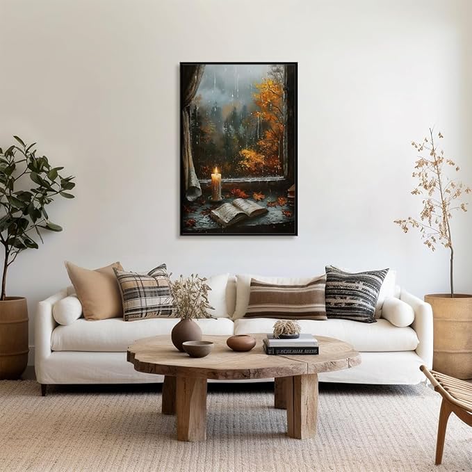Fall Canvas Wall Art Cozy Bookish Posters Autumn Pictures Prints Moody Dark Cottagecore Academia Art Room Living Wall Decor 8x12inch black framed