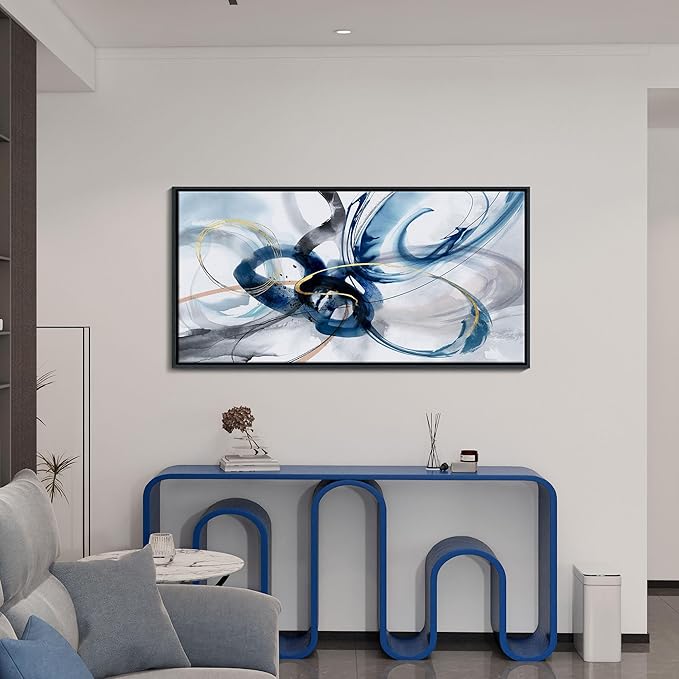 KLAKLA Large Wall Art for Living Room - Abstract Wall Decor Framed Picture Artwork for Wall Decorative Paintings Blue and White Modern Office Bedroom Art