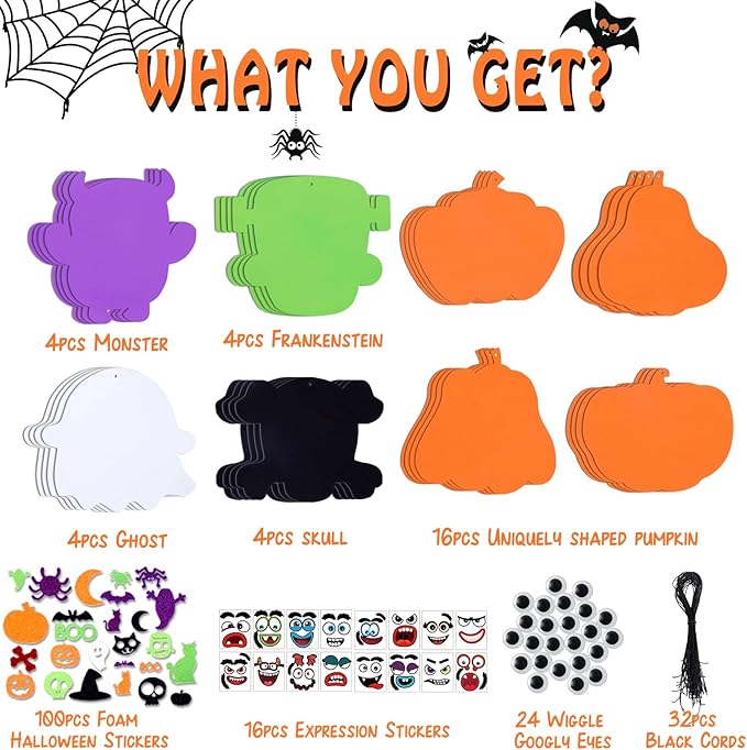 Max Fun Halloween Foam Stickers Set Halloween Crafts for Kids Bulk DIY Pumpkin Ghost Skull Decorations, 204PCS Party Favors Supplies