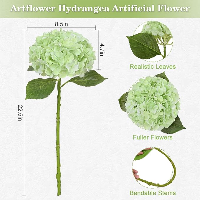 Artflower 4Pcs Real Touch Hydrangea Artificial Flowers, 22.5'' Light Green Full Latex Faux Hydrangea Flowers for Home Floral Arrangements Wedding Bouquets Kitchen Table Centerpiece Decorations