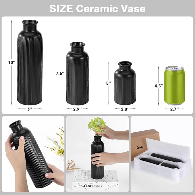 Small Black Ceramic Vase Set of 3, Boho Modern Black Flower Vase Room Decor, Farmhouse Decor, Vases for Your Kitchen, Bathroom, Bedroom, Living Room, Office&Shelf Centerpiece Table Decorations