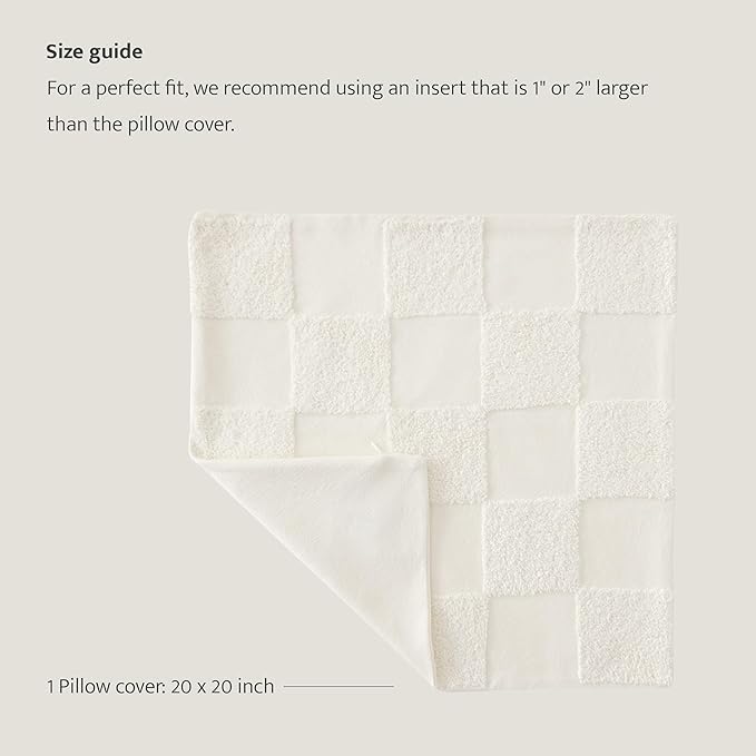 Double Stitch Checkered Throw Pillow Covers - 100% Cotton Tufted Boho Decorative Pillow Covers 20x20, Made in India, Square Plaid Cushion Case, Modern Home Decor for Couch, Sofa, Living Room, Cream