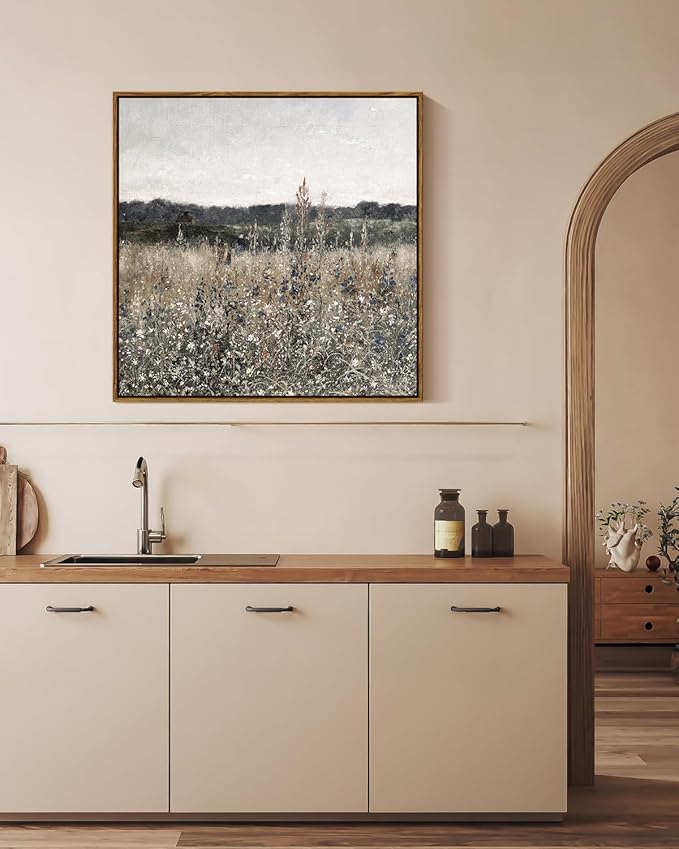 InSimSea Square Framed Canvas Wall Art, Scenery Field Home Decor, Vintage Meadow Flowers Wall Art Prints, Retro Nature Floral Wall Decor for Living Room Bedroom Home Bathroom 24"x24"