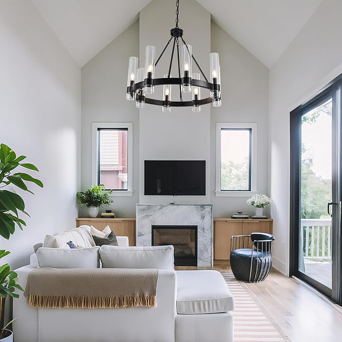 Black Wagon Wheel Chandeliers with Glass Shade, 8-Lights Farmhouse Chandeliers for High Ceiling, 28 Inch Round Black Pendant Light Fixtures for Dining Room, Living Room, Bedroom, Foyer