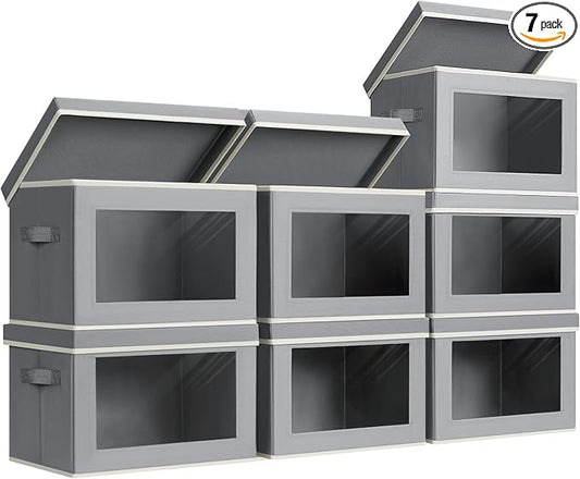 Storage Box with Lids - 7 Pack Fabric Clear Window Storage Bins, Decorative Bins with Handles, Large Foldable Organizer for Clothes, Towel, Blanket, Sheet, Grey