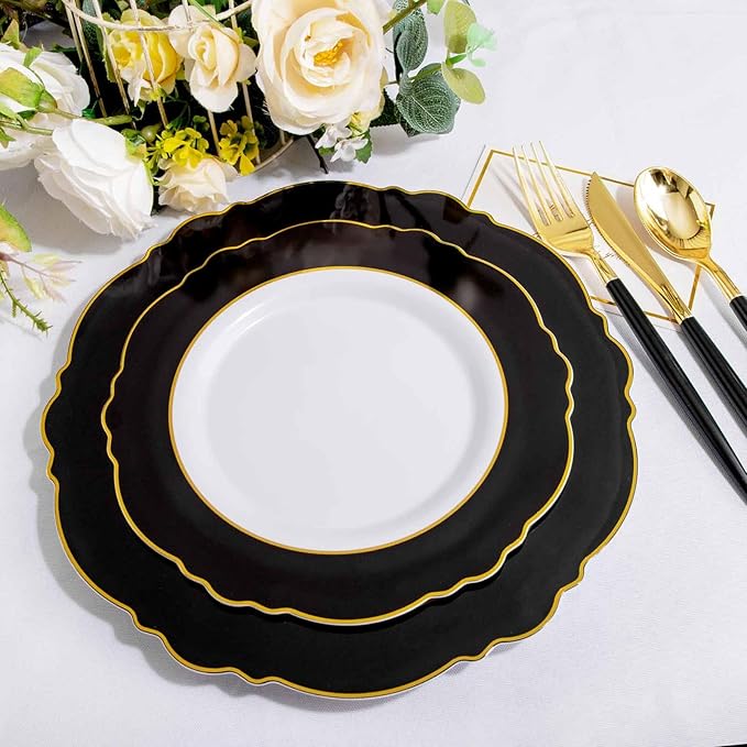 WDF 30Guest Black and Gold Plastic Plates - New Year Plates - Gold Plastic Silverware With Black Handle Baroque Black and Gold Disposable Dinnerware for Halloween & New Year &Parties