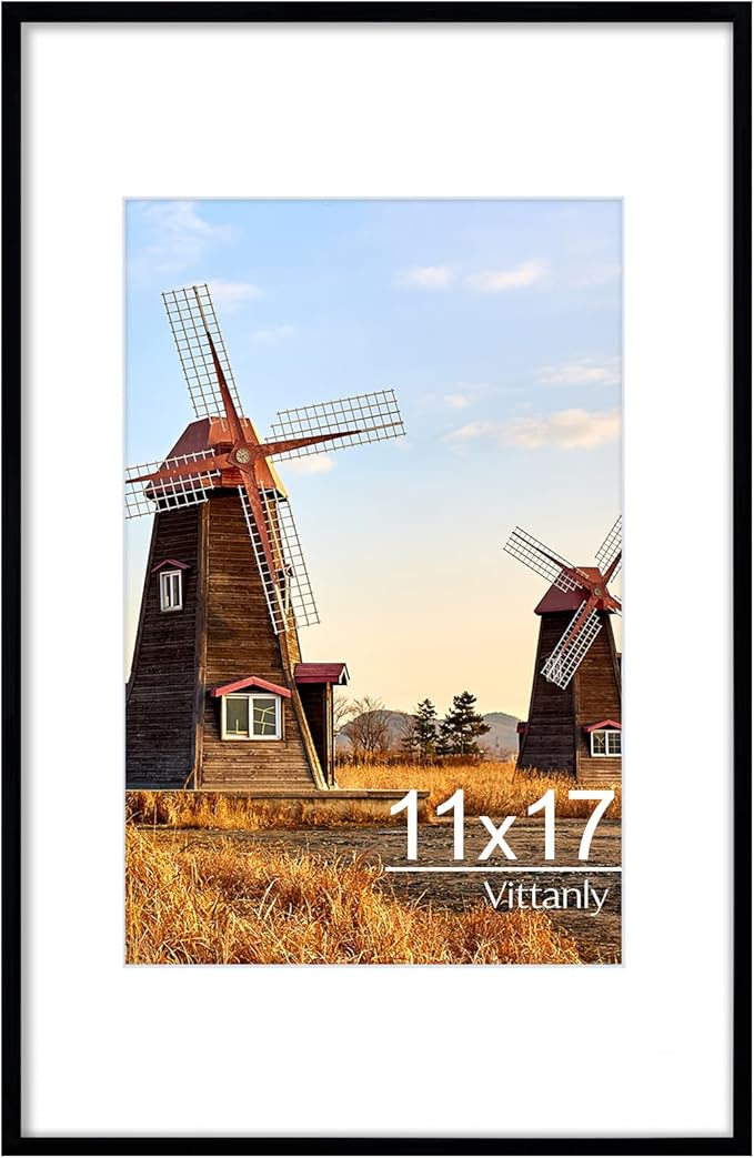 Vittanly 11x17 Poster Frame, Display Picture 8x12 with Mat or 11x17 without Mat, Plexiglass, Wall Gallery Frame for Artwork,Black, 1 Pack