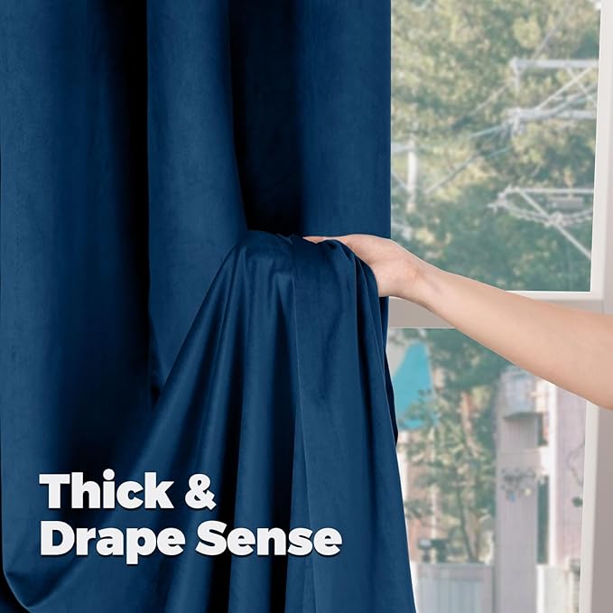 BGment Blue Velvet Curtains 96 Inches for Living Room, Thermal Insulated Blackout Curtains Room Darkening Drapes with Back Tab and Rod Pocket for Bedroom, Set of 2 Panels, 52 x 96 Inch