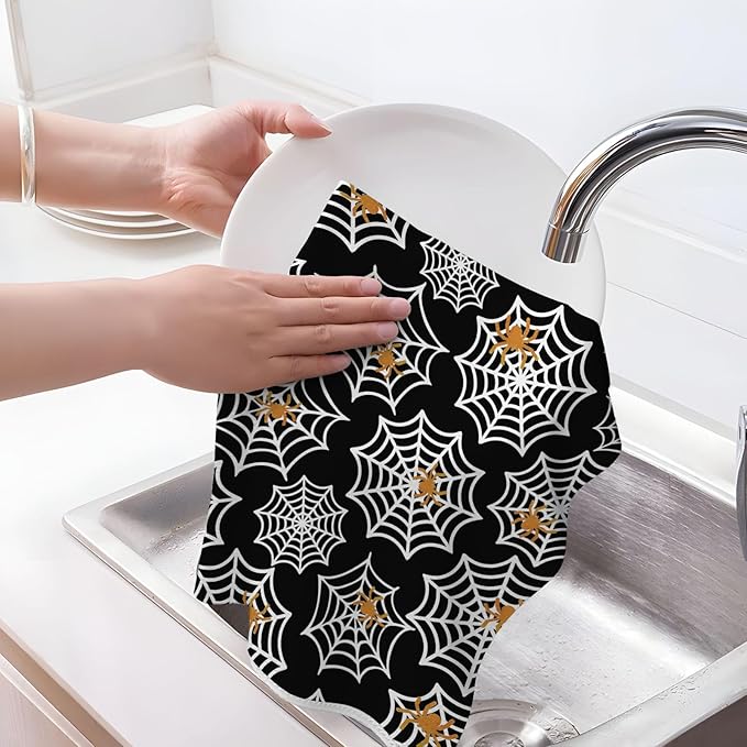 Halloween Kitchen Towels 16x24 Inch Black Orange Golden Spider Webs Decor Dish Towels Fall Autumn Holiday Decoration Hand Towel Absorbent Dish Cloths for Home Kitchen Dining Set of 2