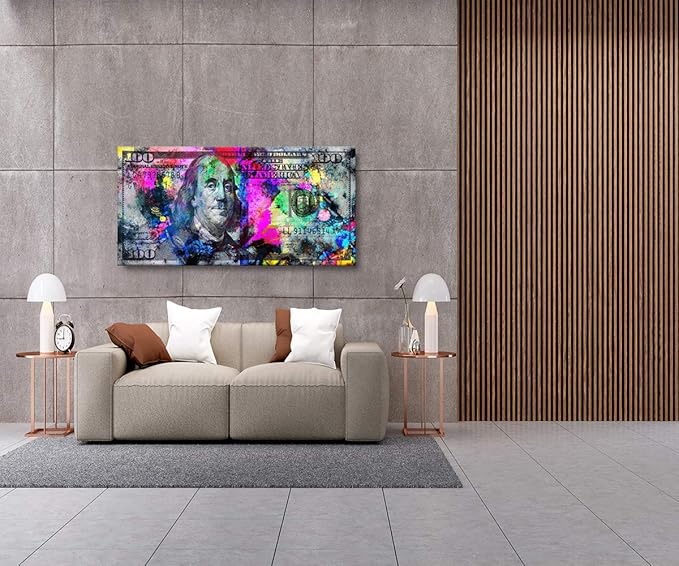 Motivational Canvas Office Art Print Large Size Wooden Framed 100 Bill Cash Benjamin Franklin Dollar Print HD Print Colorful Money Pop Artwork for Bathroom Kitchen Decor Ready to Hang-48 Wx24 H