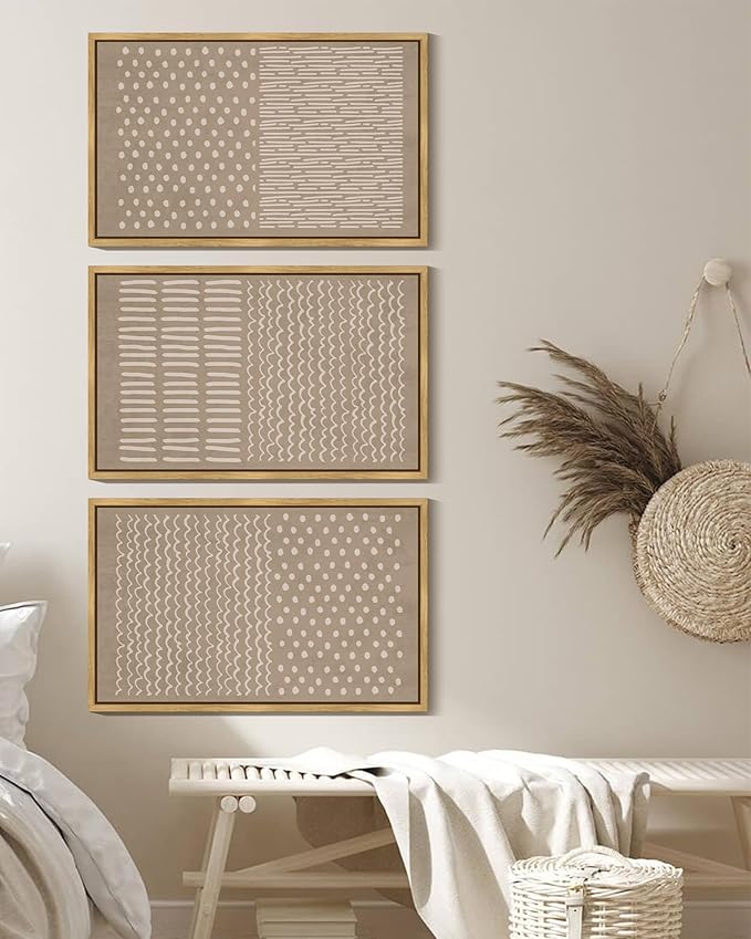 KUVIOKE Boho Mid-Century Modern Wall Art Framed Neutral Retro Minimalist Geometric Prints Rustic Bohemain Artwork Kitchen Dining Room 16x24in (Natural Framed)