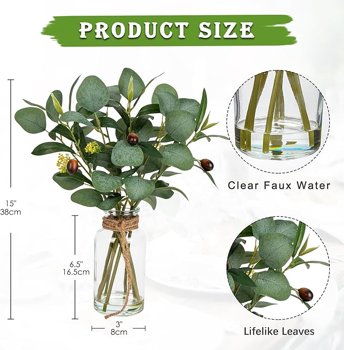 Briful Artificial Eucalyptus Stems in Glass Vase with Faux Water, 14" Fake Plant Olive Leaves for Home Office Farmhouse Wedding Centerpiece Décor