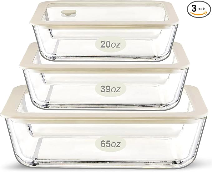 Urban Green Glass Food Container Set with Silicone Glass Lid, Large Size 3 Pack, Meal Prep Food Storage Containers with Airtight Lids, Leakproof, 100% Plastic Free, White color