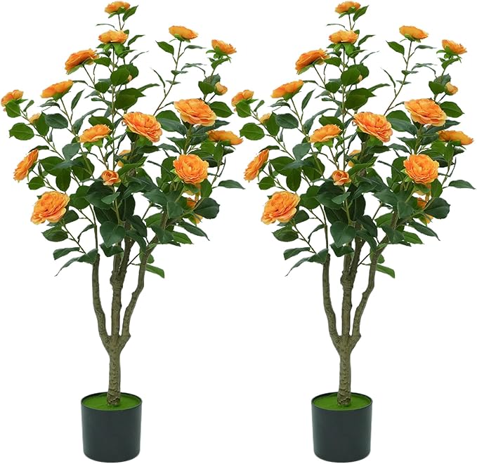 4ft Artificial Camellia Tree with White Silk Flowers - Realistic Faux Flowering Plant for Indoor/Outdoor Decor, Home Staging & Wedding Centerpieces Set of 2-Orange