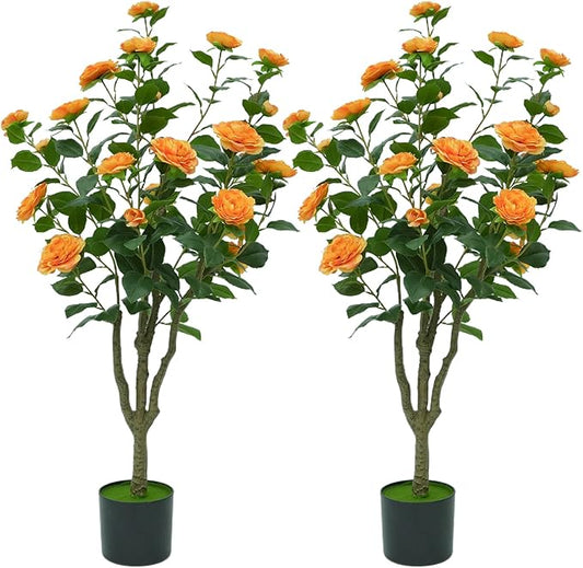 4ft Artificial Camellia Tree with White Silk Flowers - Realistic Faux Flowering Plant for Indoor/Outdoor Decor, Home Staging & Wedding Centerpieces Set of 2-Orange