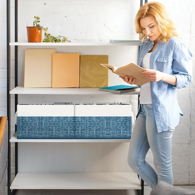 Fab totes Storage Bins [6-Pack], Foldable Storage Baskets for Organizing Toys, Books, Shelves, Closet, Large Storage Box with Rope Handles, Sturdy Organizer Bins, White & Blue