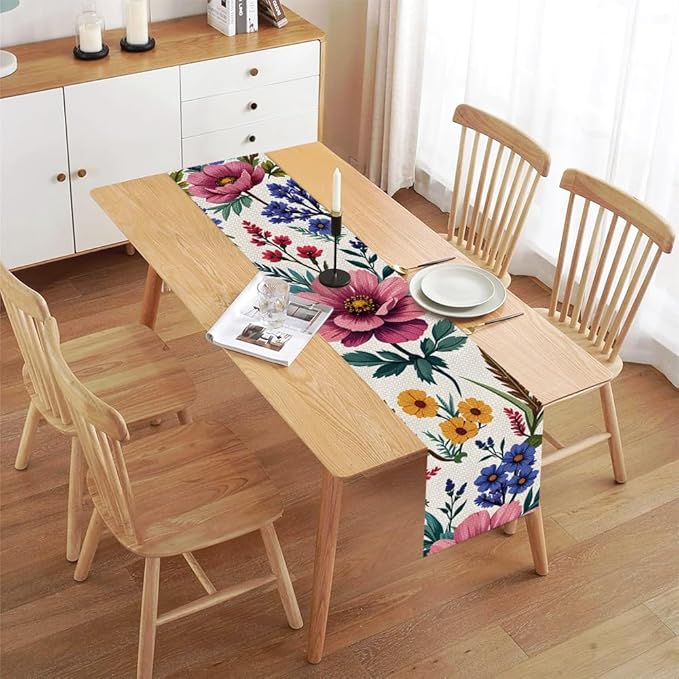 ANNA QUEEN Flowers Table Runner 13 x 72 Inch for Dining Table, Table Runner for Fall Dining Decor Indoor Outdoor Party Home Table Decoration
