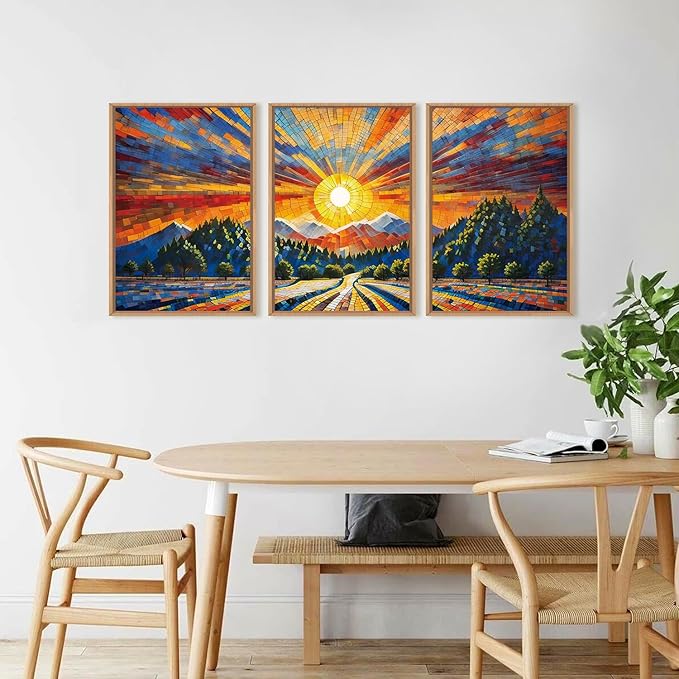 HOURIA Large Natural Mountain Forest Framed Canvas Wall Art Set,Wilderness Sunrise Wall Decor,Boho Pine Tree Square Ridge Artwork,Modern Field Art Print for Living Room, Office, Farmhouse- 16"x24"x3