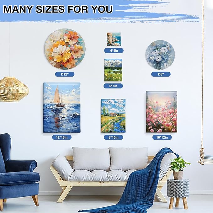 ESRICH 12 Pack Stretched Canvas for Painting, 4x4, 5x7, 8x10, 10x12, 12x16(2 of Each) Canvas and Round Canvas with 8x8, 12x12(1 of Each), Blank Canvases Primed Paint Canvas for Beginners, Artists.