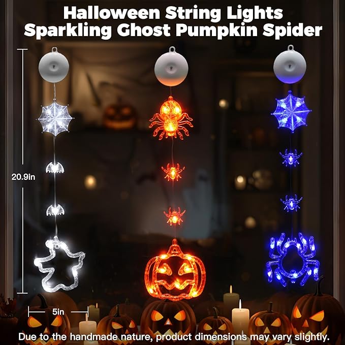 suddus 3 Pack Halloween Window Lights with Suction Cup- Battery Operated Lights Indoor with Timer - Orange Pumpkin, Purple Spider & White Ghost Decorations for Party, Room, Window, Door, Wall, Indoor