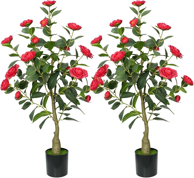 3ft Artificial Camellia Tree with White Silk Flowers - Realistic Faux Flowering Plant for Indoor/Outdoor Decor, Home Staging & Wedding Centerpieces, Set of 2-Red