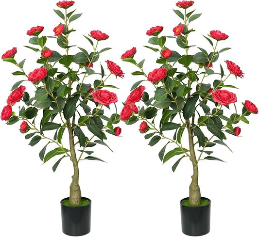 3ft Artificial Camellia Tree with White Silk Flowers - Realistic Faux Flowering Plant for Indoor/Outdoor Decor, Home Staging & Wedding Centerpieces, Set of 2-Red