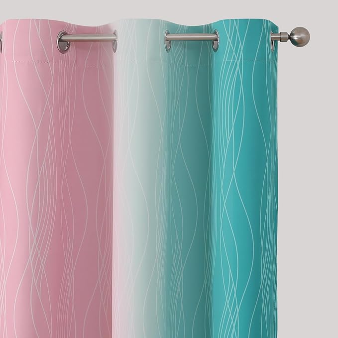 Estelar Textiler Pink and Teal Ombre Blackout Curtains for Bedroom, Thermal Insulated Light Blocking Gradient Drapes, Full Room Darkening Grommet Curtains for Living Room, 42Wx84L, 2 Panels