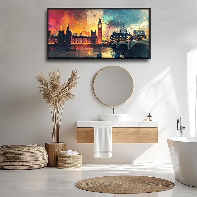 London Big Ben Framed Wall Art for Living Room, Large Cityscape Canvas Wall Decor, Bridge Pictures Painting, Natural Landscape Modern Artwork for Bathroom Bedroom 60L'' × 30W''