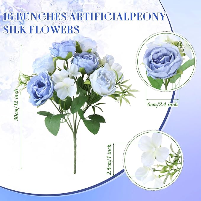 Geosar 16 Bundles Artificial Peonies Flowers Fake Silk Peony Bouquet Faux Peonies Flowers Bulk for Decoration Vase Florals Arrangements Wedding Party Table (Gradient Blue)