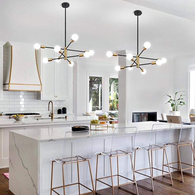 8-Light Modern Chandelier Sputnik Light, Entryway Chandelier Dining Room Lights Over Table, Black and Gold Foyer Lighting Chandeliers for Bedroom Living Room Light