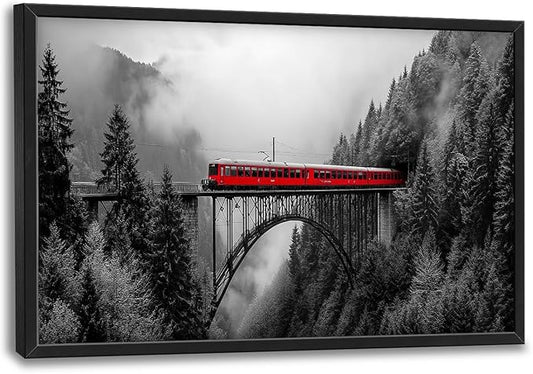 Olivine Train Large Wall Art, Black and White Pictures Wall Decor, Train Painting, Nature Landscape Canvas Prints, Framed Artwork for Dining Room Living Room Bedroom Bathroom Office Home 36"x24"