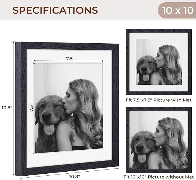 Fun Memories 10x10 Picture Frames, Square Frame 10 by 10 with Mat for 8 by 8, Rustic Oak Wood Frame 10"x10", 10 x 10 Wood Frame Set of 4, Minimalist 10x10 Photo Frames, Black Color