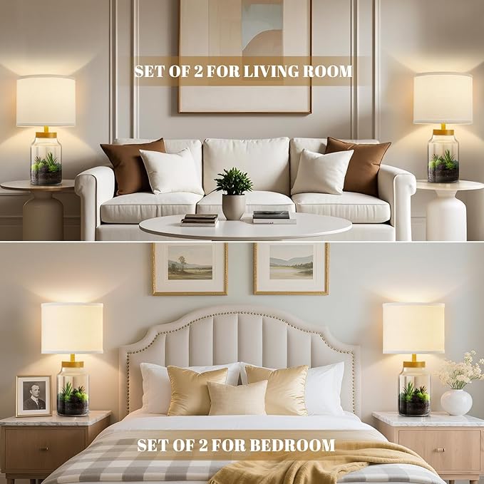 GyroVu Fillable Table Lamp, Bedside Lamp with Clear Glass Fillable Lamp Nightstand Lamp for Living Room Bedrooms Office, Bulbs Included(Gold+White Lampshade)