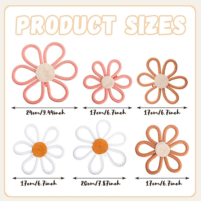Barydat 6 Pcs Boho Nursery Decor Daisy Flower Woven Macrame Wall Hanging 3 Size Daisy Flower Wall Decor Bohemian Nursery Decorations for Home Dorm Art(Pink, Brown, White)