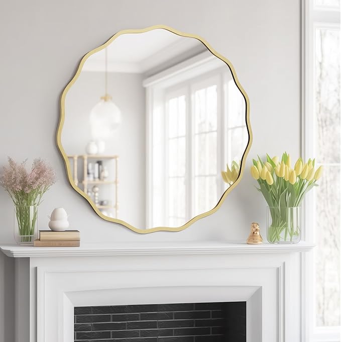 WallBeyond Round Wavy Mirror for Wall Decorative 28 inch, Modern Round Mirror Aluminum Frame for Bathroom Bedroom Living Room Home House Office Entryway, Gold