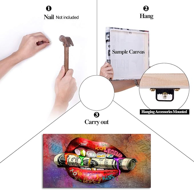 Artwork for Home Walls Abstract Colorful Graffiti Sexy Mouth Biting A Dollar Creative Wall Art Graffiti Letters Wall Pictures for Living Room Bar gym Game Room Wall Hanging Up Easy to Put-40"Wx20"H