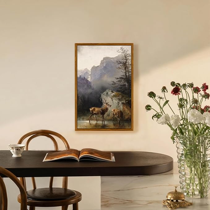 crmotu Vintage Framed Wall Art, Animal Deers Painting Canvas Prints, Mountain Mist Landscape Rustic Home Decorations, Nature Aesthetic Pictures Wall Decor Living Room Bedroom Bathroom Kitchen 16x24in
