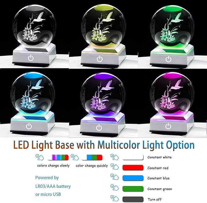 Ornalrist 3D Crystal Ball Engraved Hummingbird and Tiger Lily with LED Light Base3.15'', Hummingbird Gifts for Women Mom - Hummingbird and Lily Figurines Night Light for Home Office Decor