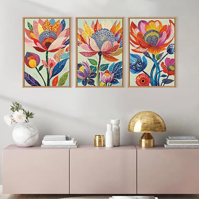 HPINUB Abstract Botanical Floral Framed Canvas Wall Art Set,Colorful Dot Art Modern Flower Wall Decor,Vibrant Blooming Flowers Artwork Eye-Catching Boho Art Print for Living Room,Bedroom-24 x36 x3