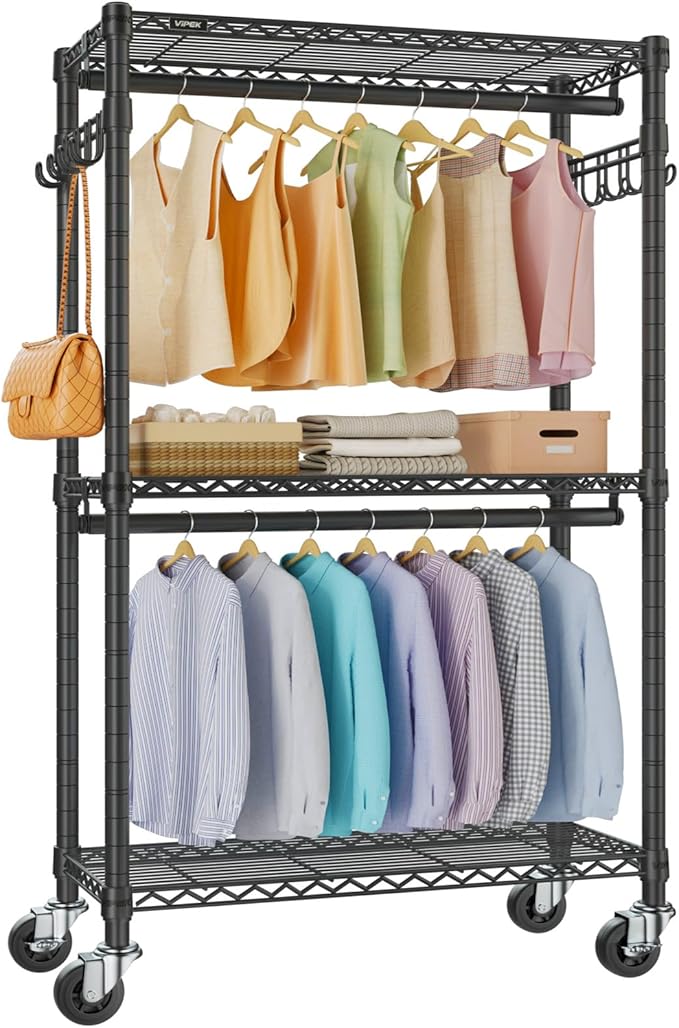 VIPEK R2 Medium Rolling Clothes Rack Heavy Duty Clothing Rack for Hanging Clothes Adjustable Metal Wire Shelving Portable Closet with Wheels Side Hooks, Freestanding Closet Wardrobe, Black