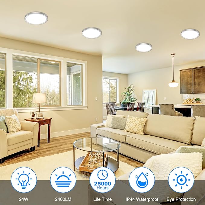 Peasur 7 Inch Satin Round Lighting Brushed Nickel, 15W LED Slim Flush Mount Ceiling Light,3000K/4000K/6500K Adjustable, Modern LED Ceiling Light for Bedroom, Living Room and Kitchen(2-Pack)