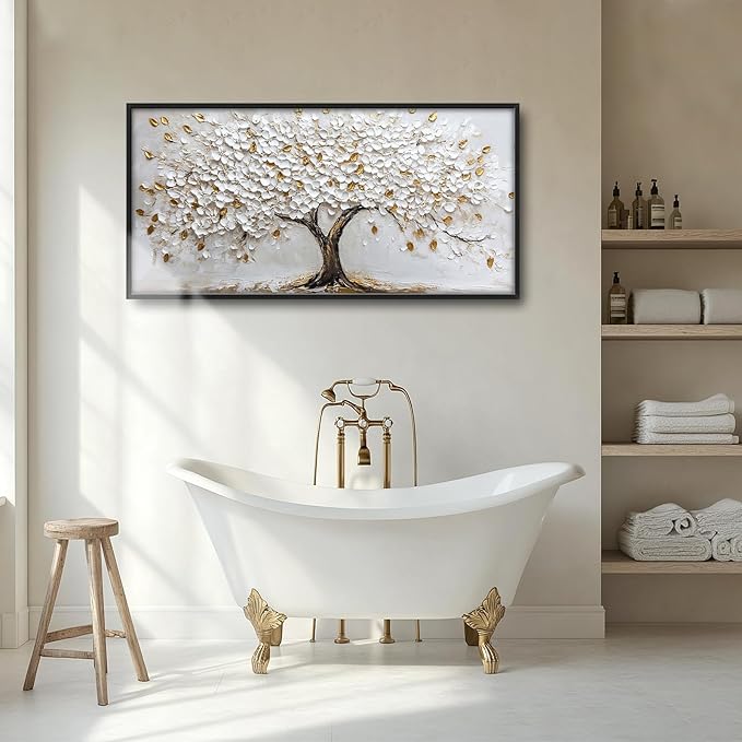 Olivine Tree Large Wall Art, White And Golden Pictures Wall Decor, Tree Of Life Paintings Canvas Prints, Framed Artwork for Dining Room Bedroom Living Room Office Bathroom Home Decoration 60"x30"
