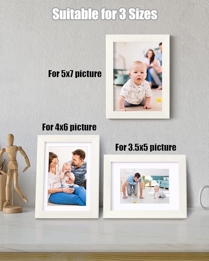 Egofine 5x7 Picture Frames Set of 4, Made of Solid Wood Covered by Plexiglass 3.5x5 and 4x6 with Mat or 5x7 without Mat, for Table Top Display and Wall Mounting Photo Frame Beige