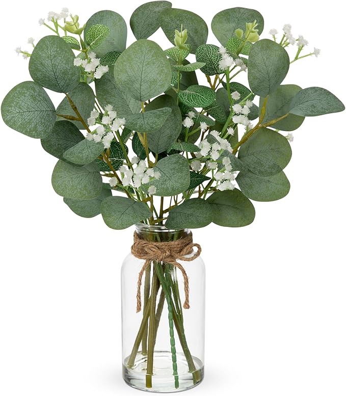 Artificial Eucalyptus Stems with Baby Breath Flowers in Glass Vase with Faux Water, 14" Fake Plant Eucalyptus Leaves for Home Farmhouse Wedding Centerpiece Bathroom Décor