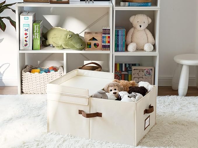 StorageWorks Extra Large Storage Bins with Double-Open Lid, 55L Fabric Baskets with Divider Board, Boxes for Clothes, Linen Closet Organizers with Handles, Ivory White, 2-Pack