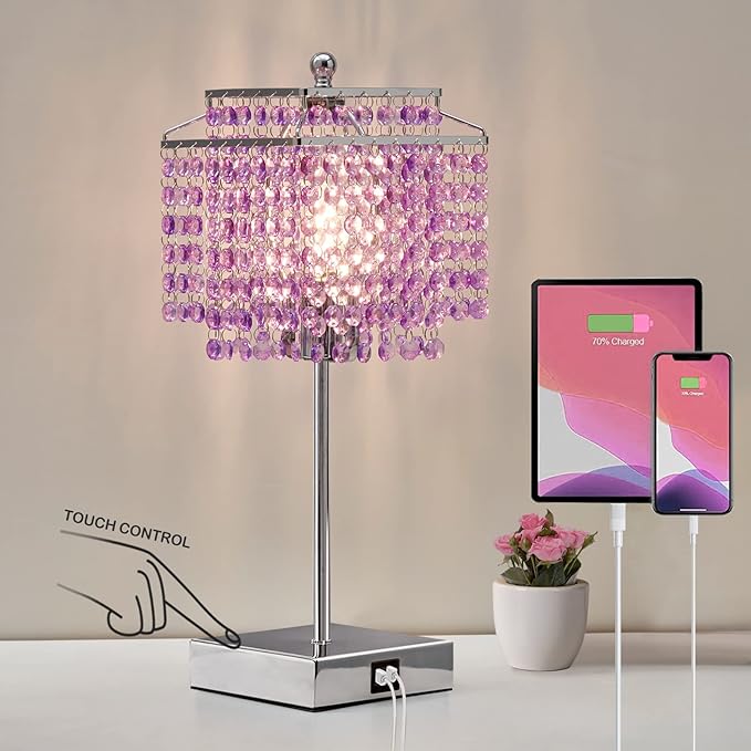 Luvkczc Crystal Table Lamp, Touch Lamp with USB C+A Ports, 3-Way Dimmable Lamp with Crystal Shade, Purple Nightstand Lamp for Girl Bedroom, Living Room, Bulb Included