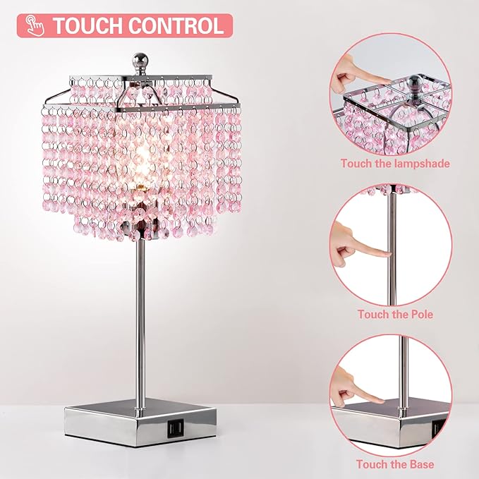 Luvkczc Crystal Touch Table Lamp, Bedside Lamp with USB C+A Ports, Pink Lamp, 3-Way Dimmable Lamp with Crystal Shade, Nightstand Lamp for Girl Bedroom, Living Room, Bulb Included