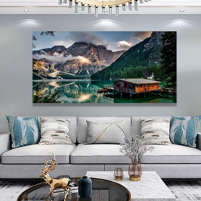 Green Lake Mountain Pictures Canvas Wall Art for Living room Bedroom Wall Decor, Mountain Wall Art Print Paitnings for home Decor,Morden Artwork House in the lake Landscape Canvas Art
