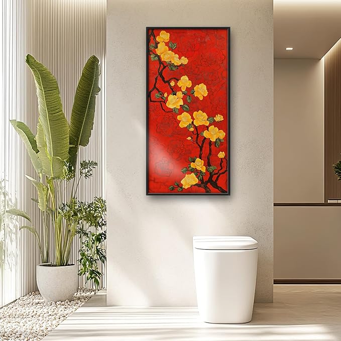 Lovira Yellow Plum Bossom Large Wall Art Traditional Asian Floral Red Canvas Wall Decor Pictures Prints Painting Framed Home Vertical Artwork for Living Room Bedroom Bathroom Kitchen 30"x60"